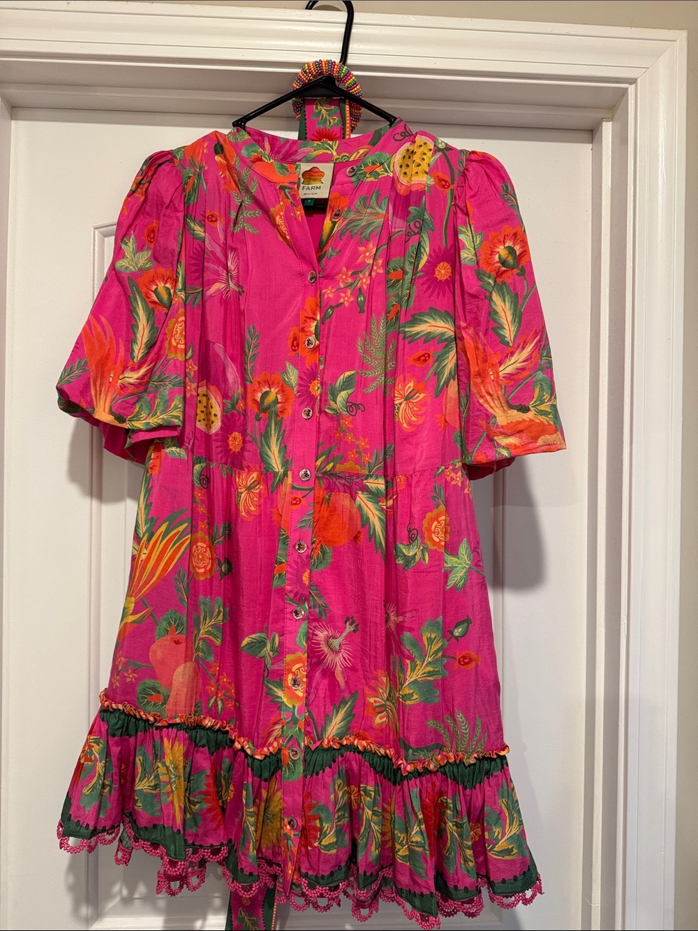 Farm Rio Bright Pink Floral Button-Front Dress with belt